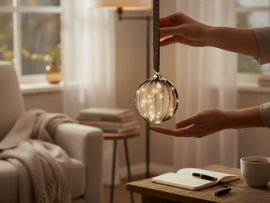 XL Deko Glas Lichtkugel 15LED 10cm Gold Braun Glaskugel Timer Batterie Anhängen