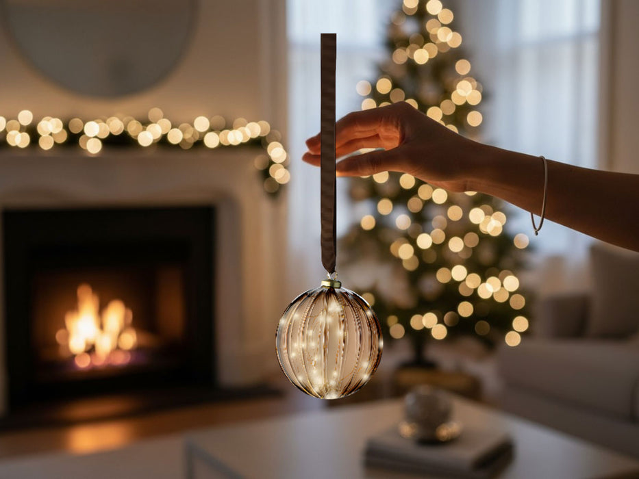 XL Deko Glas Lichtkugel 15LED 10cm Gold Braun Glaskugel Timer Batterie Anhängen