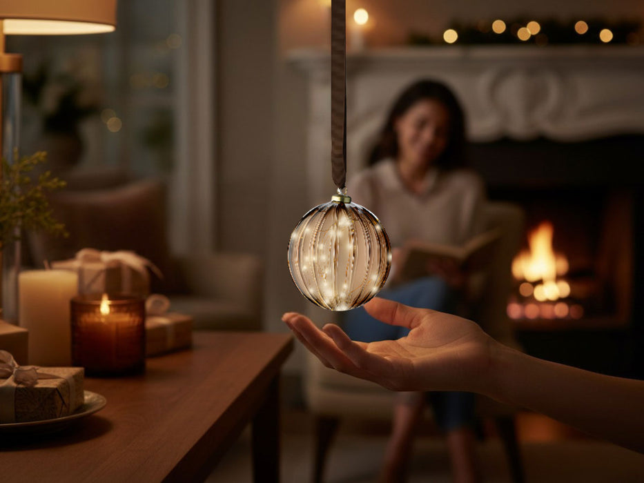 XL Deko Glas Lichtkugel 15LED 10cm Gold Braun Glaskugel Timer Batterie Anhängen