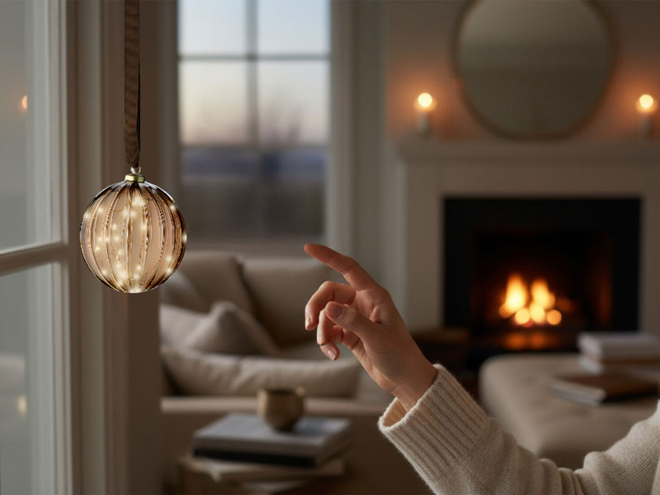 XL Deko Glas Lichtkugel 15LED 10cm Gold Braun Glaskugel Timer Batterie Anhängen