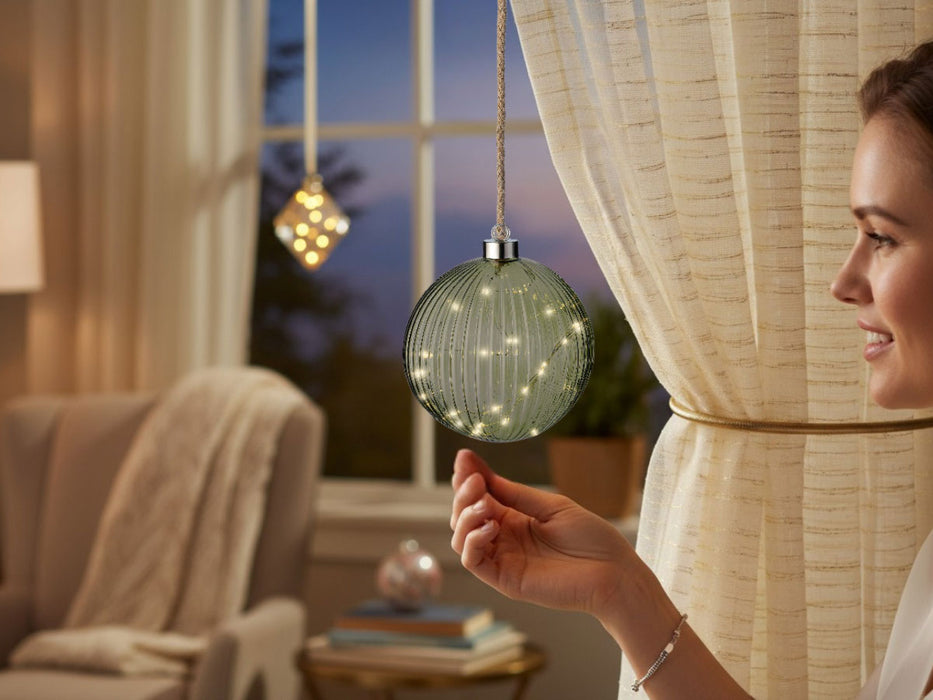 XL Deko Glas Lichtkugel 15LED 10cm Grün Silber Glaskugel Timer Batterie Anhängen