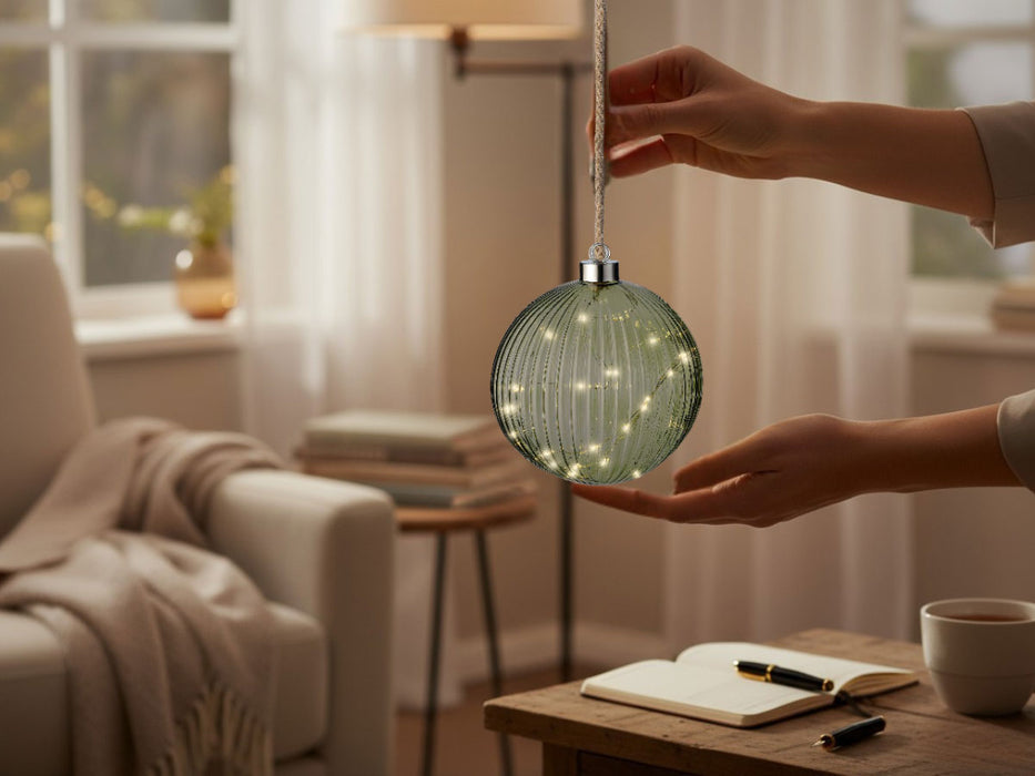 XL Deko Glas Lichtkugel 15LED 10cm Grün Silber Glaskugel Timer Batterie Anhängen