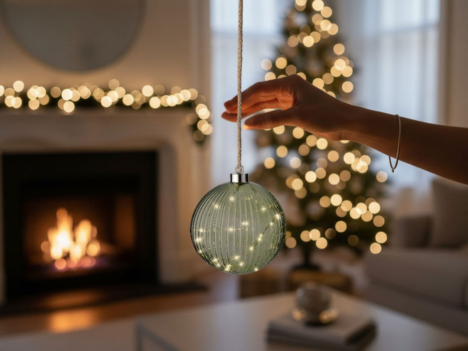 XL Deko Glas Lichtkugel 15LED 10cm Grün Silber Glaskugel Timer Batterie Anhängen