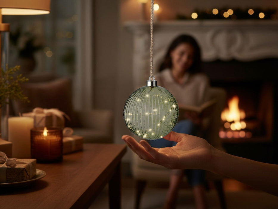 XL Deko Glas Lichtkugel 15LED 10cm Grün Silber Glaskugel Timer Batterie Anhängen