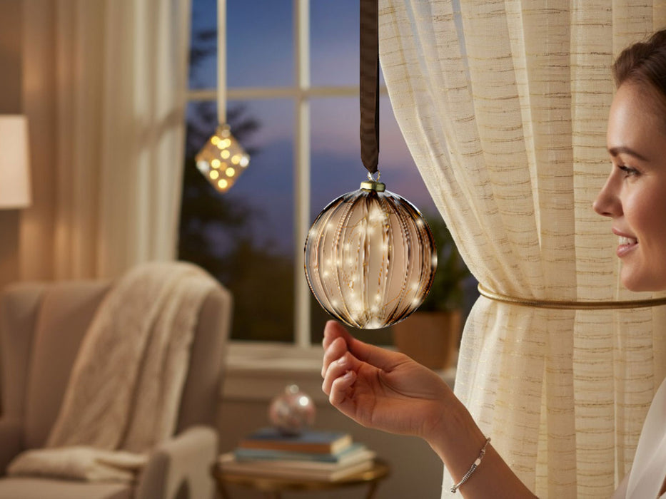 XL Deko Glas Lichtkugel 30LED 14cm Gold Braun Glaskugel Timer Batterie Anhängen