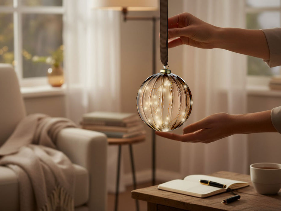 XL Deko Glas Lichtkugel 30LED 14cm Gold Braun Glaskugel Timer Batterie Anhängen