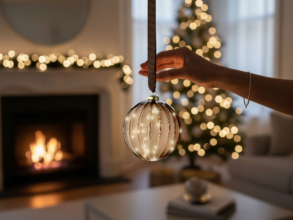 XL Deko Glas Lichtkugel 30LED 14cm Gold Braun Glaskugel Timer Batterie Anhängen