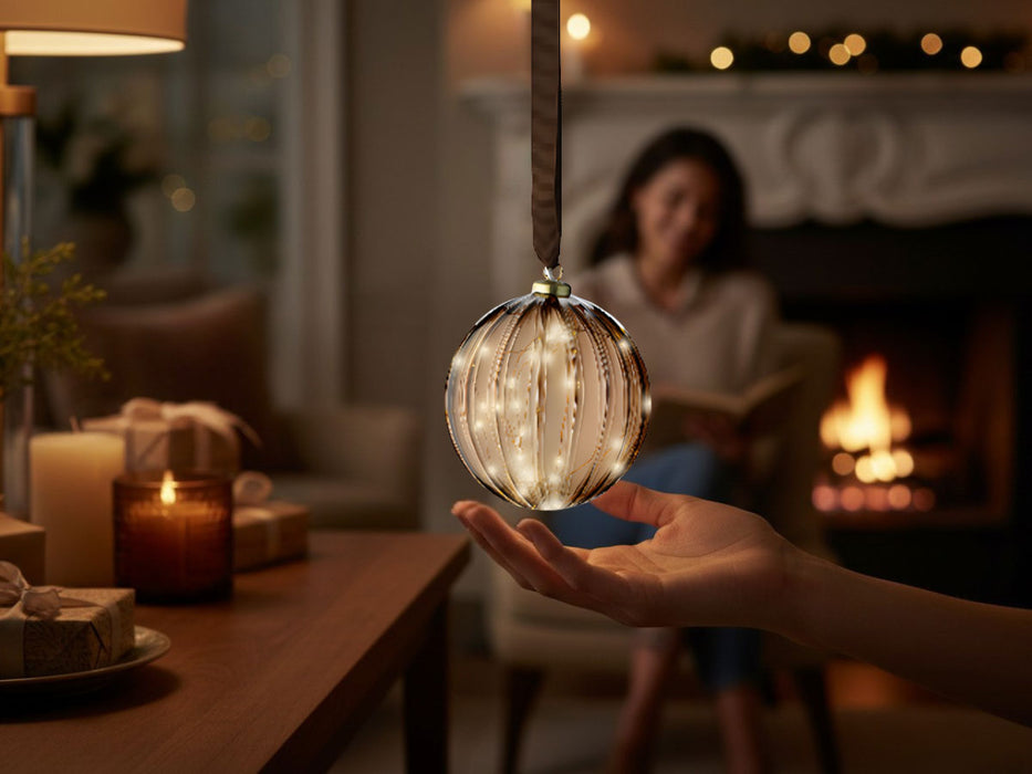 XL Deko Glas Lichtkugel 30LED 14cm Gold Braun Glaskugel Timer Batterie Anhängen