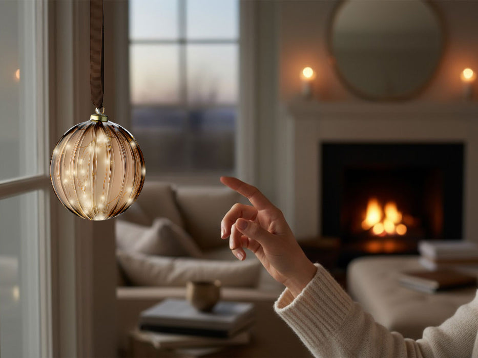 XL Deko Glas Lichtkugel 30LED 14cm Gold Braun Glaskugel Timer Batterie Anhängen