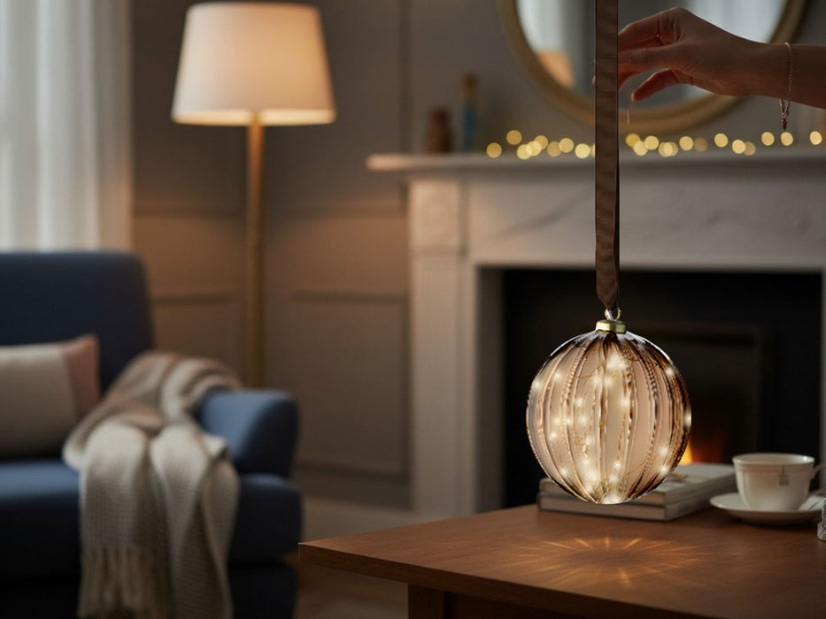 XL Deko Glas Lichtkugel 30LED 14cm Gold Braun Glaskugel Timer Batterie Anhängen