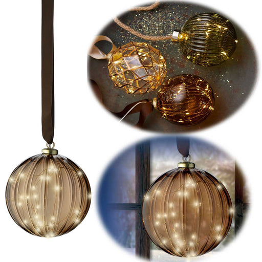 XL Deko Glas Lichtkugel 30LED 14cm Gold Braun Glaskugel Timer Batterie Anhängen