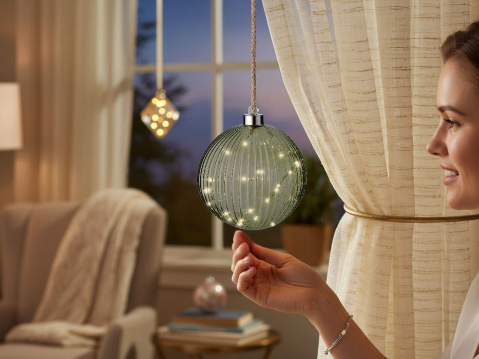 XL Deko Glas Lichtkugel 30LED 14cm Grün Silber Glaskugel Timer Batterie Anhängen