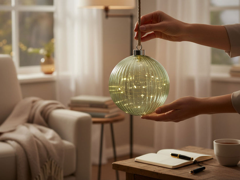 XL Deko Glas Lichtkugel 15 LED 16cm Diamant Klar Gold Timer Batterie Gold zum Anhängen