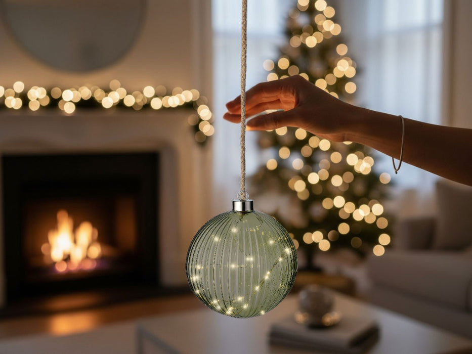 XL Deko Glas Lichtkugel 30LED 14cm Grün Silber Glaskugel Timer Batterie Anhängen