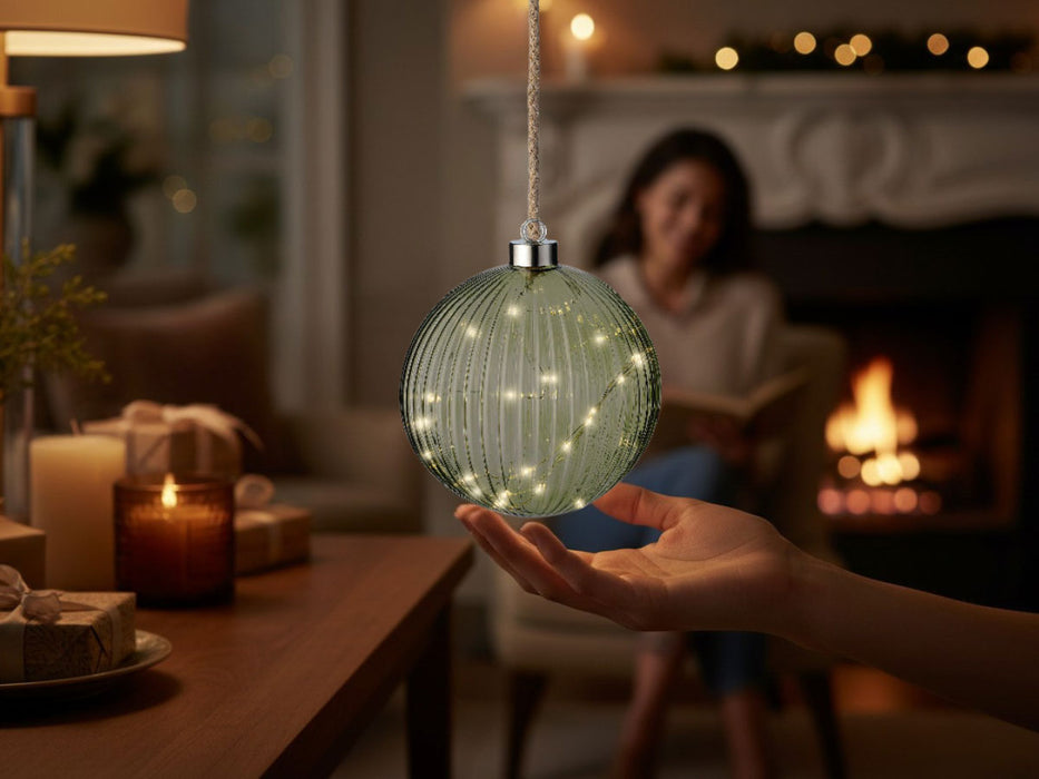 XL Deko Glas Lichtkugel 30LED 14cm Grün Silber Glaskugel Timer Batterie Anhängen