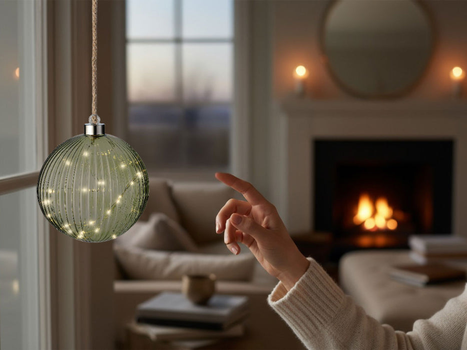 XL Deko Glas Lichtkugel 30LED 14cm Grün Silber Glaskugel Timer Batterie Anhängen