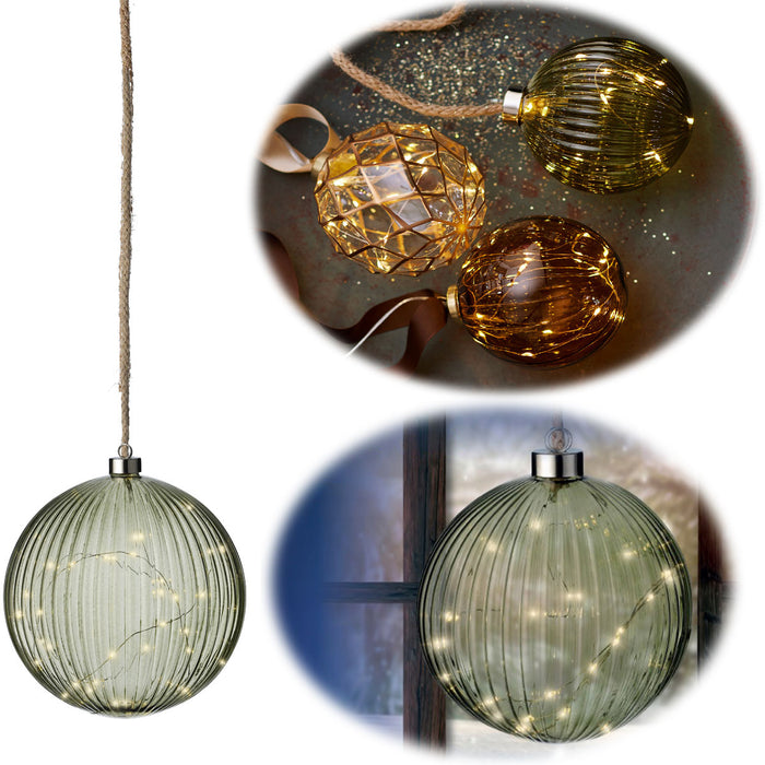 XL Deko Glas Lichtkugel 30LED 14cm Grün Silber Glaskugel Timer Batterie Anhängen