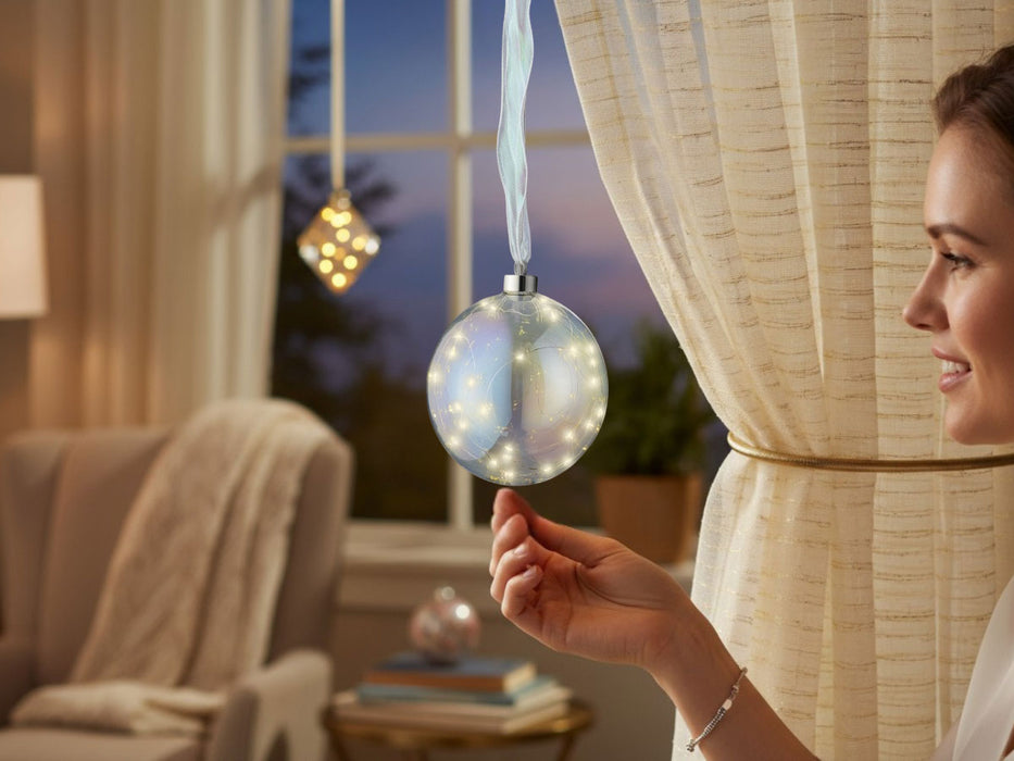 XL Deko Glas Lichtkugel 30LED 14cm Iris Glaskugel Timer Batterie Anhängen