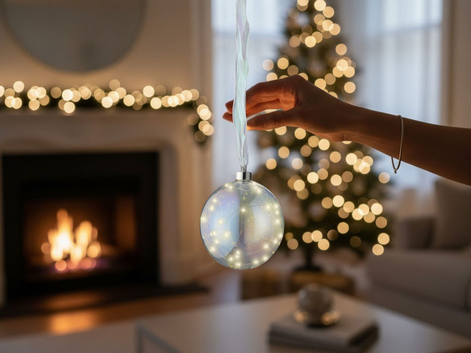 XL Deko Glas Lichtkugel 30LED 14cm Iris Glaskugel Timer Batterie Anhängen