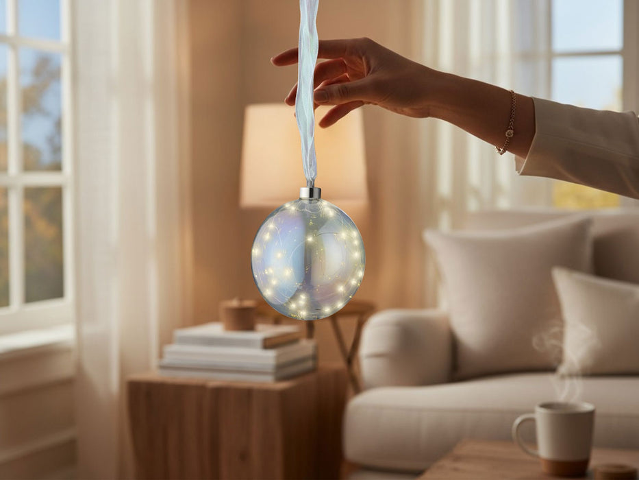 XL Deko Glas Lichtkugel 30LED 14cm Iris Glaskugel Timer Batterie Anhängen
