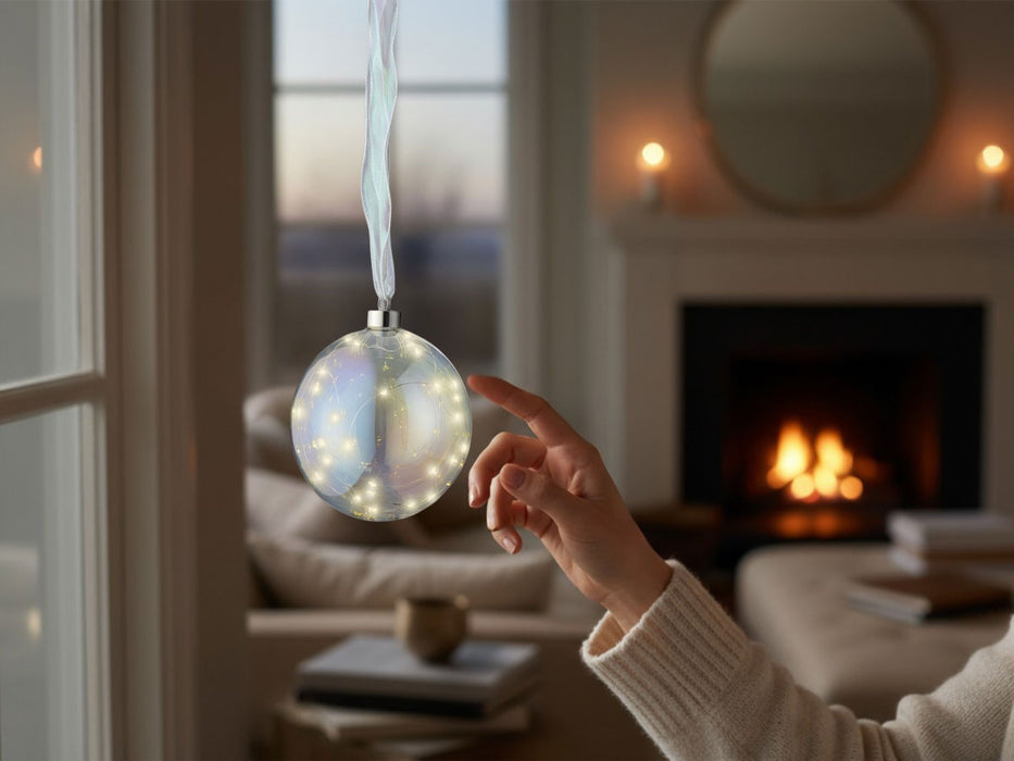XL Deko Glas Lichtkugel 30LED 14cm Iris Glaskugel Timer Batterie Anhängen