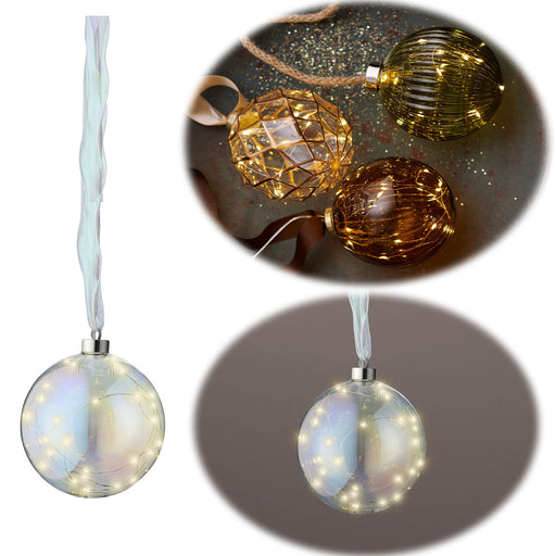 XL Deko Glas Lichtkugel 30LED 14cm Iris Glaskugel Timer Batterie Anhängen