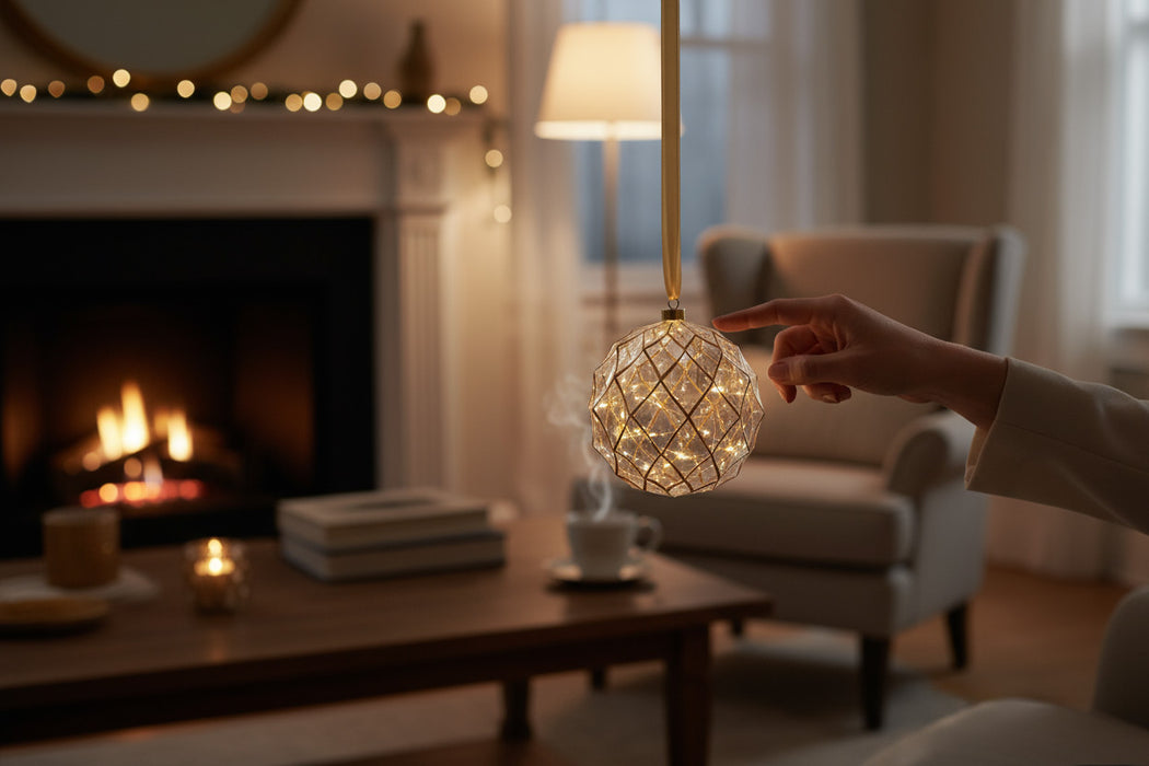 XL Deko Glas Lichtkugel 30LED 14cm Gold Klar Glaskugel Timer Batterie Anhängen