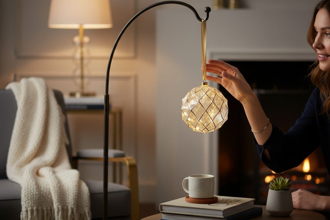 XL Deko Glas Lichtkugel 30LED 14cm Gold Klar Glaskugel Timer Batterie Anhängen