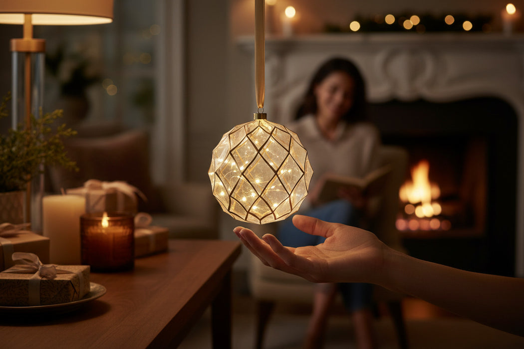 XL Deko Glas Lichtkugel 30LED 14cm Gold Klar Glaskugel Timer Batterie Anhängen