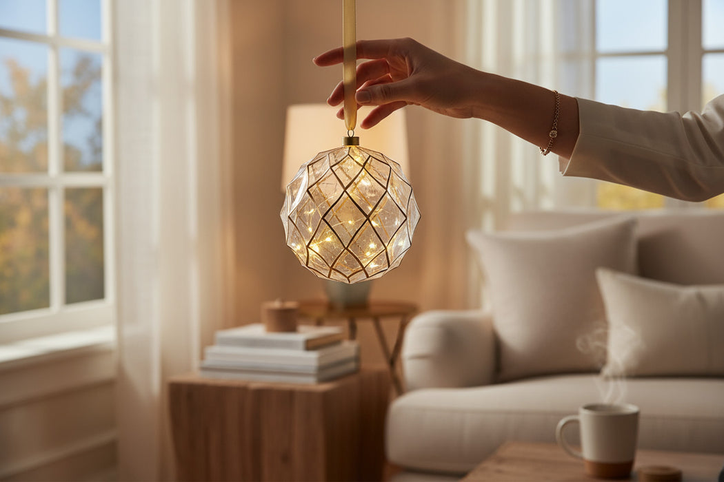 XL Deko Glas Lichtkugel 30LED 14cm Gold Klar Glaskugel Timer Batterie Anhängen