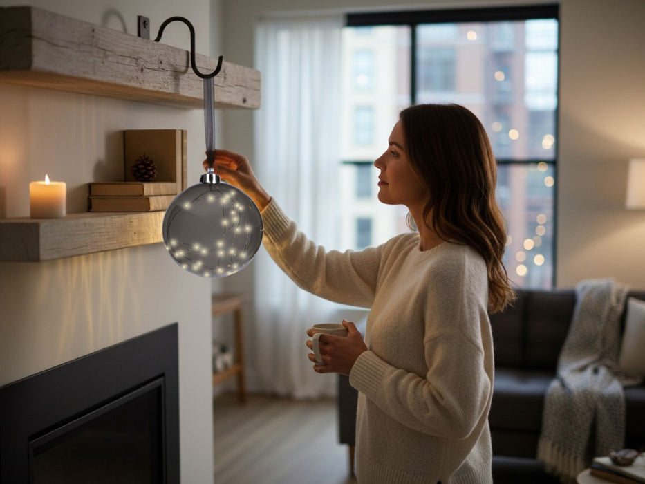 XL Deko Glas Lichtkugel 40LED 20cm Grau Anthrazit Glaskugel Timer Batterie Anhängen