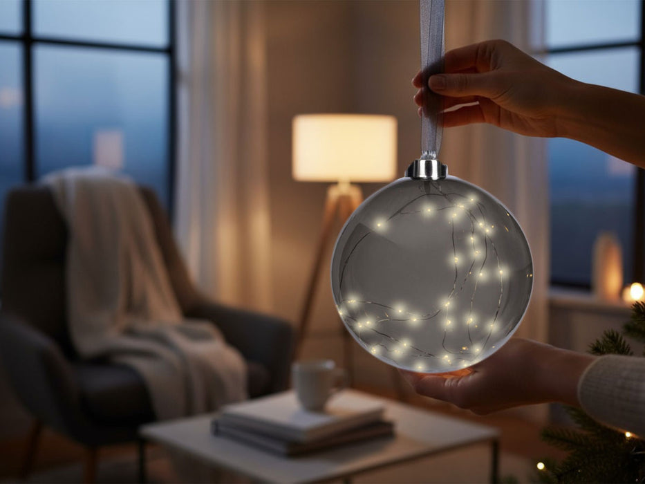 XL Deko Glas Lichtkugel 40LED 20cm Grau Anthrazit Glaskugel Timer Batterie Anhängen