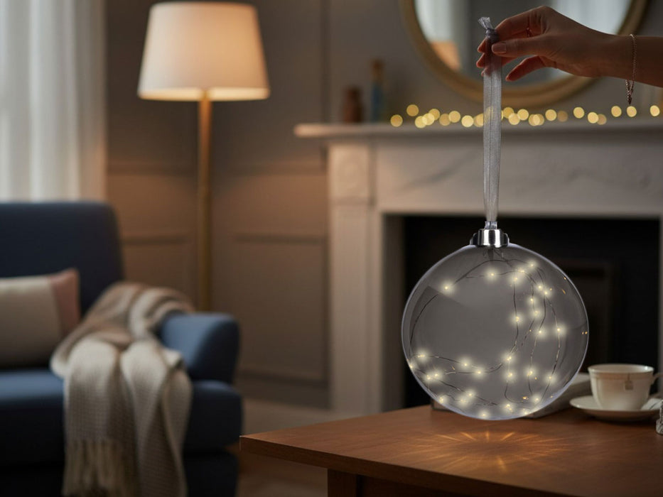 XL Deko Glas Lichtkugel 40LED 20cm Grau Anthrazit Glaskugel Timer Batterie Anhängen