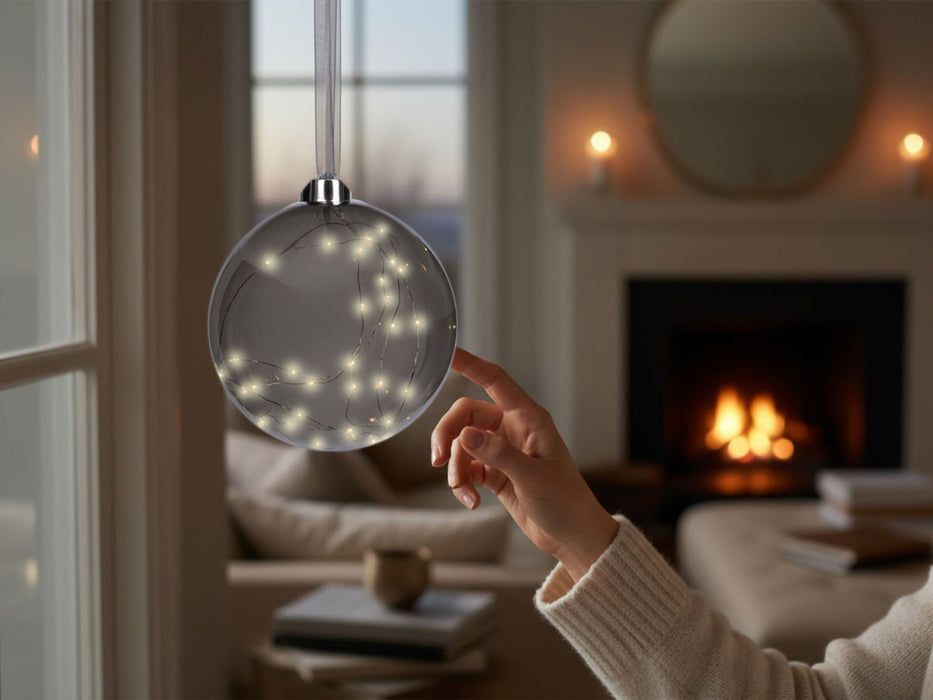XL Deko Glas Lichtkugel 40LED 20cm Grau Anthrazit Glaskugel Timer Batterie Anhängen