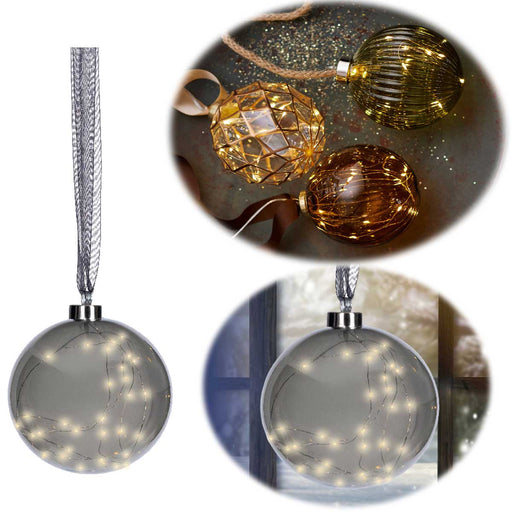 XL Deko Glas Lichtkugel 40LED 20cm Grau Anthrazit Glaskugel Timer Batterie Anhängen