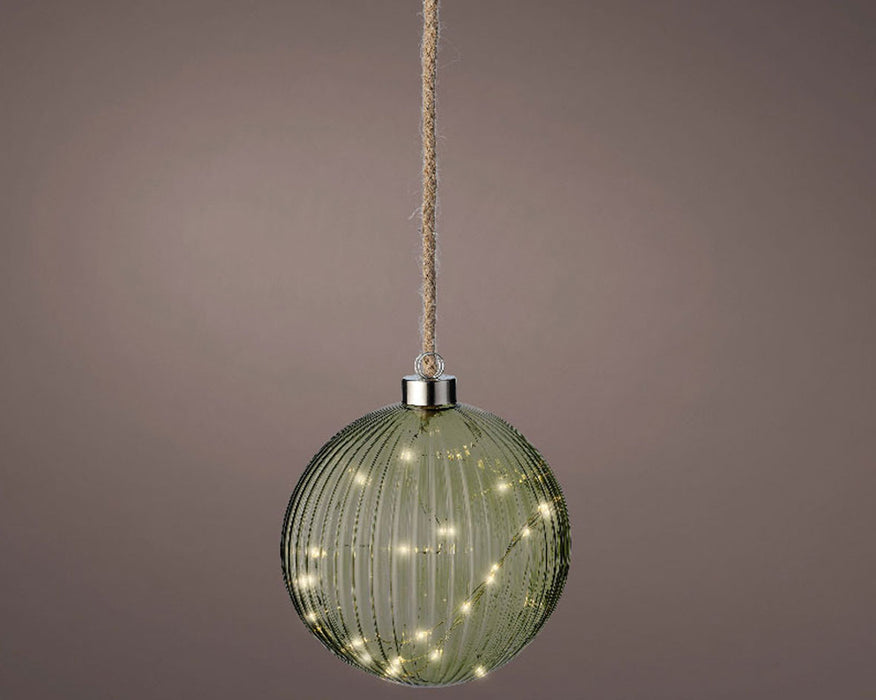 XL Deko Glas Lichtkugel 40LED 20cm Grün Silber Glaskugel Timer Batterie Anhängen