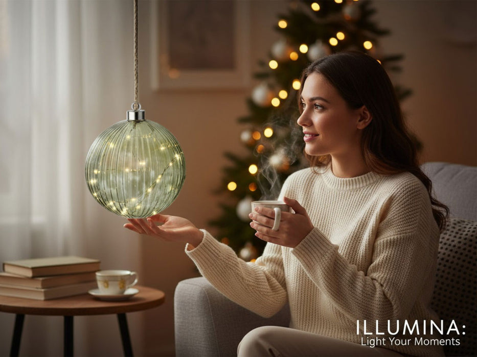 KI-generiertes Bild,XL Deko Glas Lichtkugel 40LED 20cm Grün Silber Glaskugel Timer Batterie Anhängen