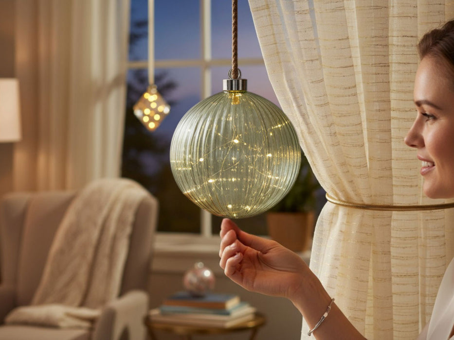 XL Deko Glas Lichtkugel 40LED 20cm Grün Silber Glaskugel Timer Batterie Anhängen