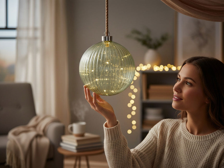 XL Deko Glas Lichtkugel 40LED 20cm Grün Silber Glaskugel Timer Batterie Anhängen