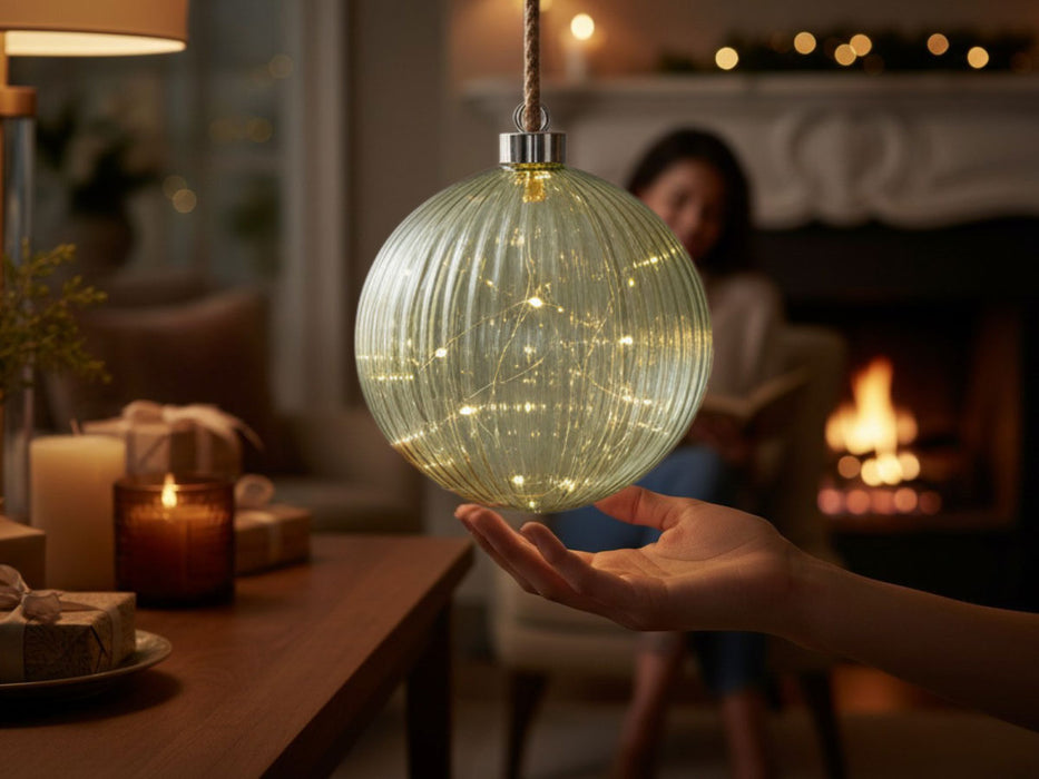 XL Deko Glas Lichtkugel 40LED 20cm Grün Silber Glaskugel Timer Batterie Anhängen
