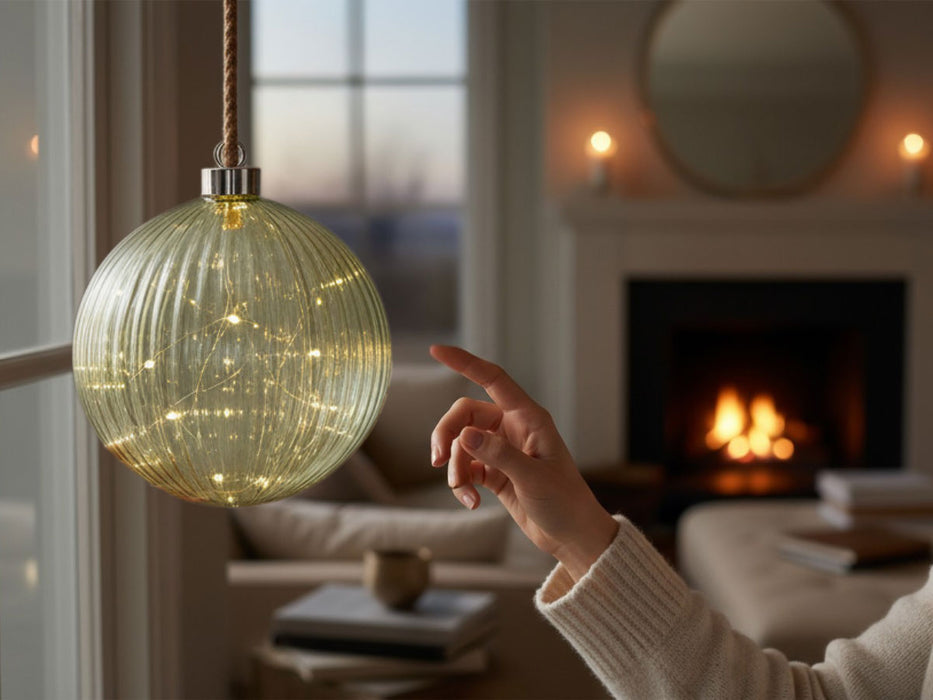 XL Deko Glas Lichtkugel 40LED 20cm Grün Silber Glaskugel Timer Batterie Anhängen