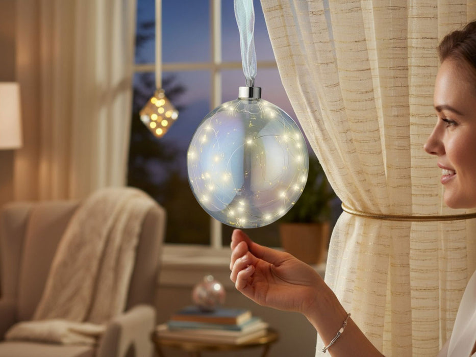 XL Deko Glas Lichtkugel 40LED 20cm Iris Glaskugel Timer Batterie Anhängen