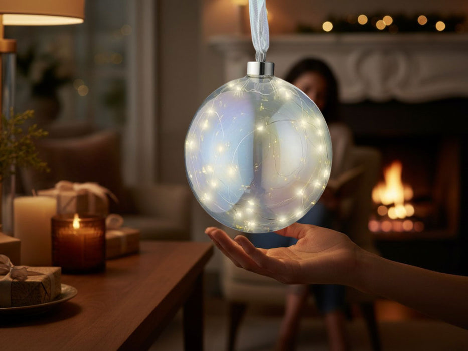 XL Deko Glas Lichtkugel 40LED 20cm Iris Glaskugel Timer Batterie Anhängen
