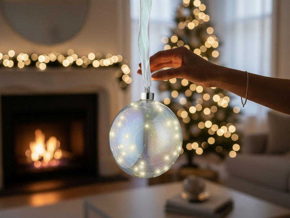 XL Deko Glas Lichtkugel 40LED 20cm Iris Glaskugel Timer Batterie Anhängen