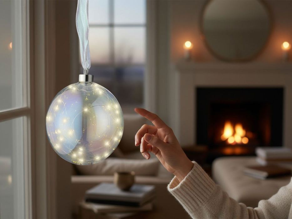 XL Deko Glas Lichtkugel 40LED 20cm Iris Glaskugel Timer Batterie Anhängen