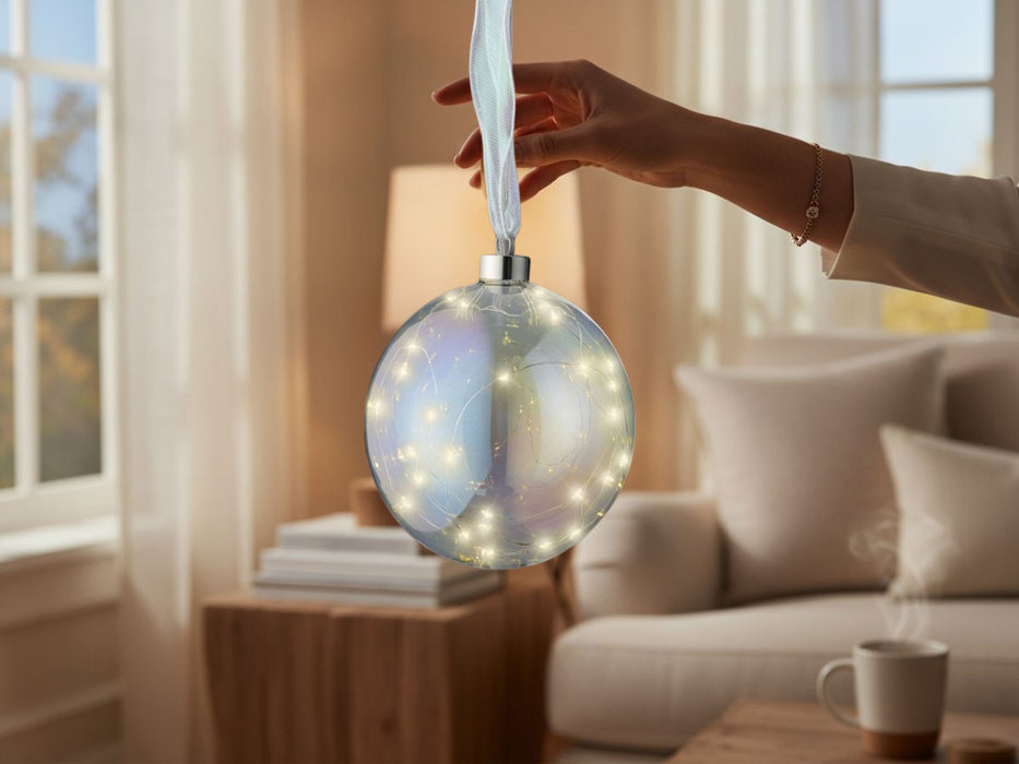 XL Deko Glas Lichtkugel 40LED 20cm Iris Glaskugel Timer Batterie Anhängen