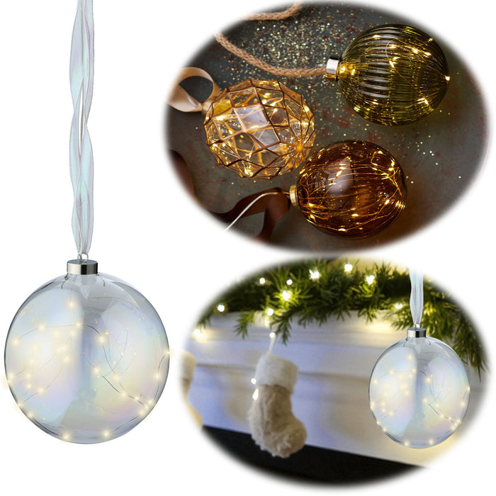 XL Deko Glas Lichtkugel 40LED 20cm Iris Glaskugel Timer Batterie Anhängen