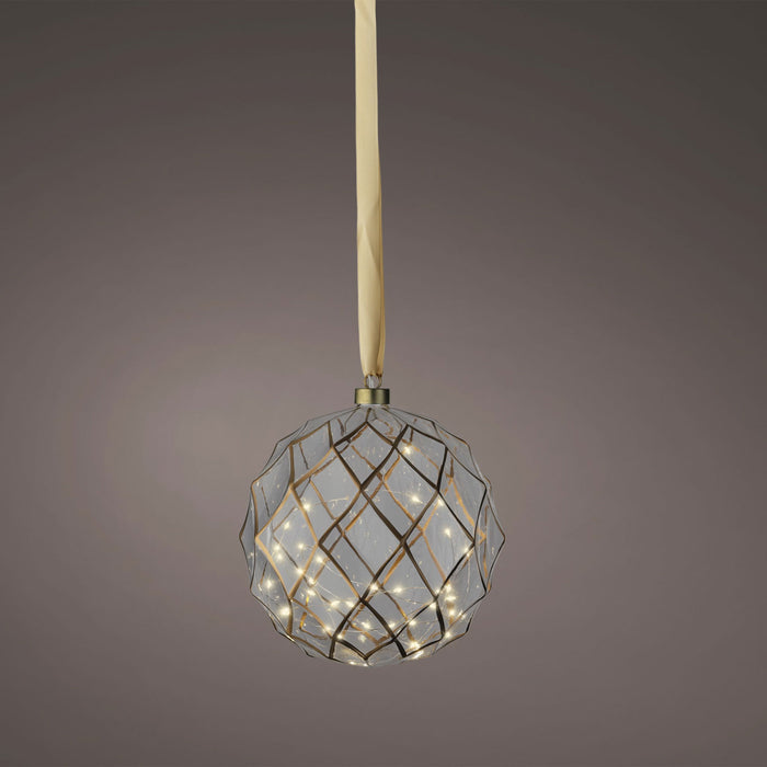 XL Deko Glas Lichtkugel 40LED 20cm Klar Gold Glaskugel Timer Batterie Anhängen