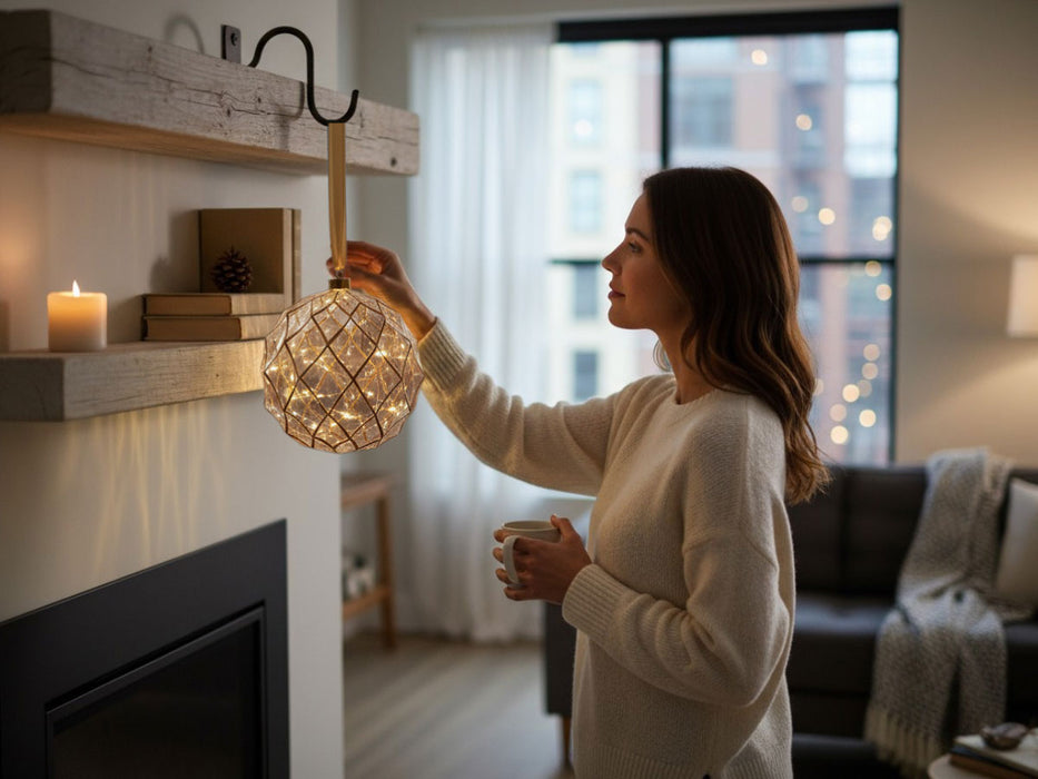 XL Deko Glas Lichtkugel 40LED 20cm Klar Gold Glaskugel Timer Batterie Anhängen