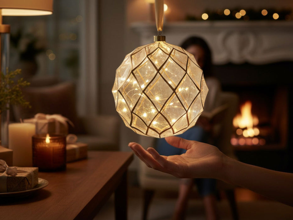 XL Deko Glas Lichtkugel 40LED 20cm Klar Gold Glaskugel Timer Batterie Anhängen